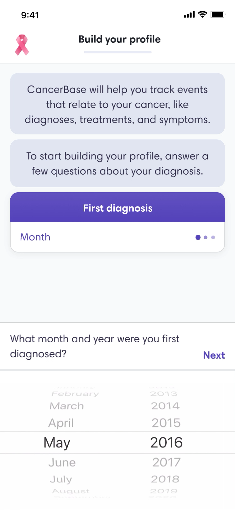 Sign up and build your profile through a guided onboarding flow.